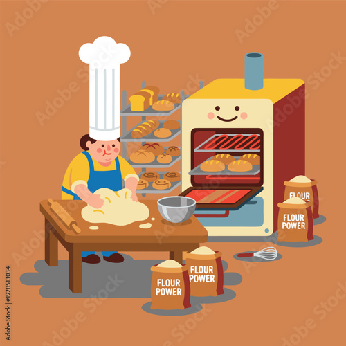 Baker Kneading Dough in a Cozy Kitchen with Oven and Bread.