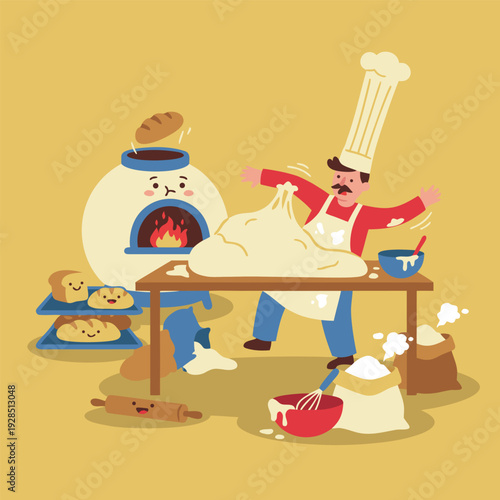 Baker Kneading Dough in Front of a Cartoon Oven.