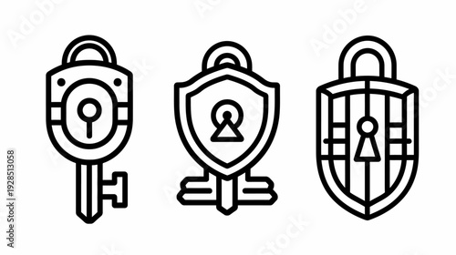 Three minimalist line-art icons depicting different locks and key mechanisms, on a plain white backdrop