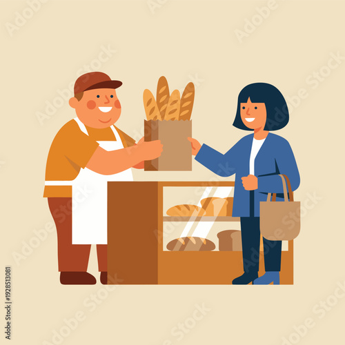 Baker selling fresh bread to a customer.
