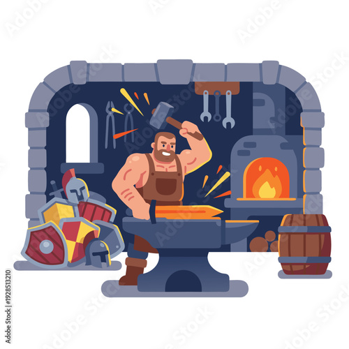 Blacksmith Forging a Sword in a Medieval Workshop.