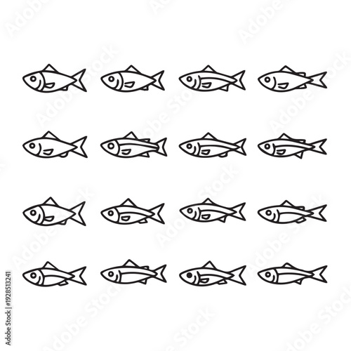 School of Small Fish Icons Repeating Pattern Minimalist Line Art Isolated on White Background