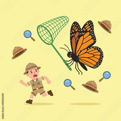 Boy Chasing Butterfly with Net.
