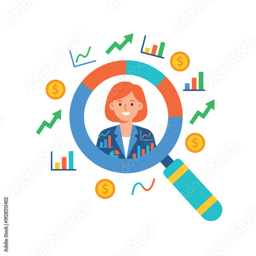 Business Woman Analyzed Through Magnifying Glass with Financial Charts.
