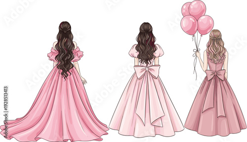 Three elegant women in pink ball gowns with beautiful hairstyles and balloons for prom birthday party bridesmaid and wedding celebration hand drawn vector.