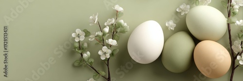 Pastel-colored eggs and blooming cherry blossoms arranged on a soft green background, creating a serene and elegant spring or Easter composition.
