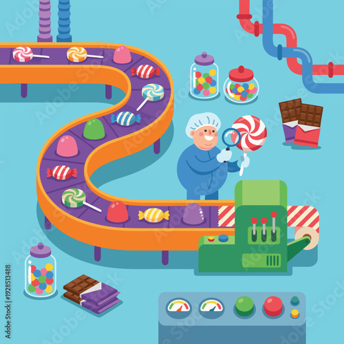 Candy Factory Production Line with Worker Inspecting Lollipop.