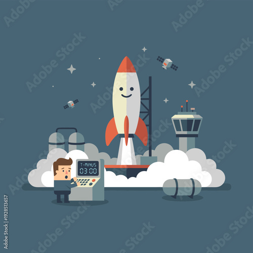 Cartoon Rocket Launch Countdown with Astronaut and Control Tower.