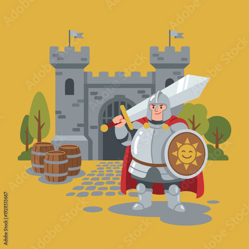 Cartoon Knight Standing Proudly in Front of a Castle.