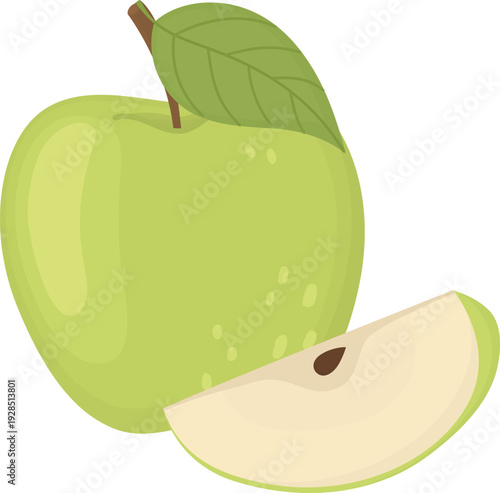 Illustration of green apple with leaf and juicy slice. Fresh healthy product isolated on white