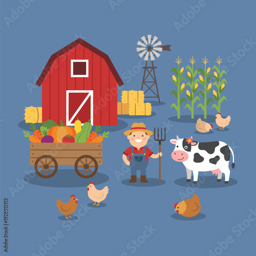 Charming Farm Scene with Farmer, Cow, and Produce.