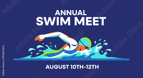 Annual Swim Meet Illustration Featuring Swimmer In Artistic Style On Blue Background
