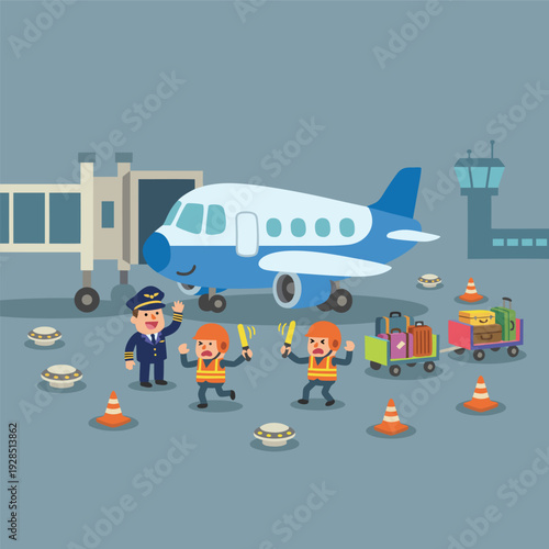 Children dressed as pilots and ground crew working at an airport with a cartoon airplane.