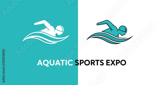 Aquatic Sports Expo Logo With Swimmer And Water Waves On Teal And White Background