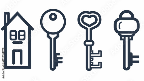 A house icon next to three unique key icons, all with dark blue outlines
