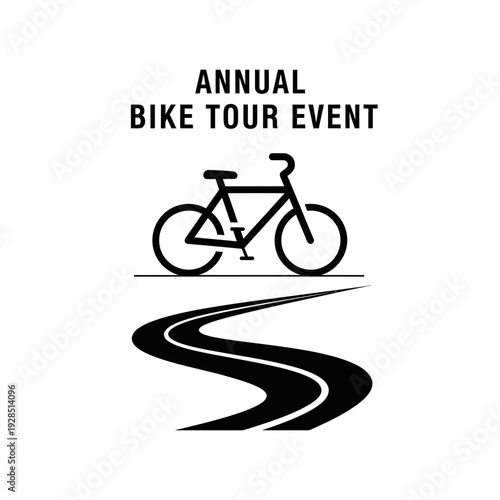 Annual Bike Tour Event Announcement: Illustration Featuring Bicycle and Winding Road, Black and