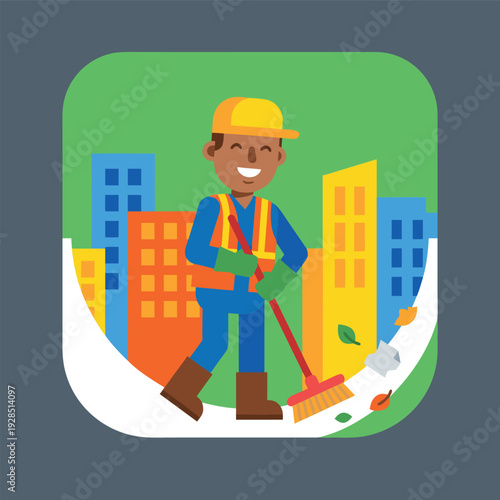 City Cleaner Sweeping Sidewalk with Broom.