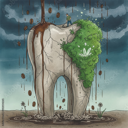 Conceptual art about oral hygiene. Coffee rains on a giant, cracked tooth as a man cultivates a healthy green patch, representing restoration.. Vector illustration