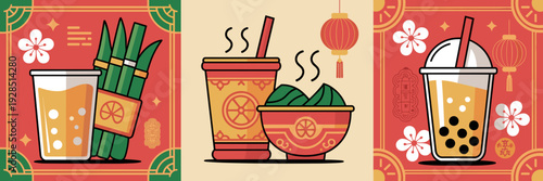 Vibrant Lunar New Year beverage icons – Great for digital menus.