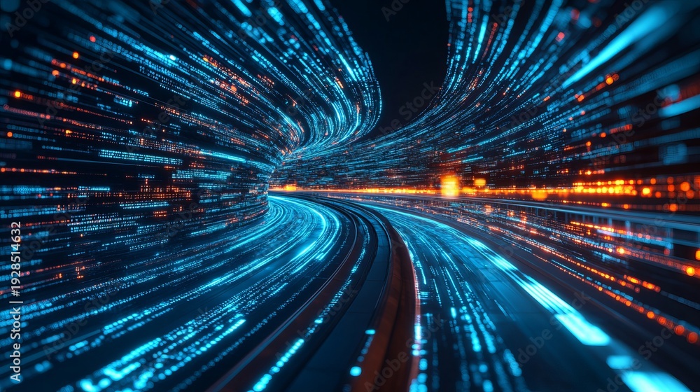 Fototapeta premium A futuristic digital tunnel with vibrant blue and orange lights speeding through a dark background