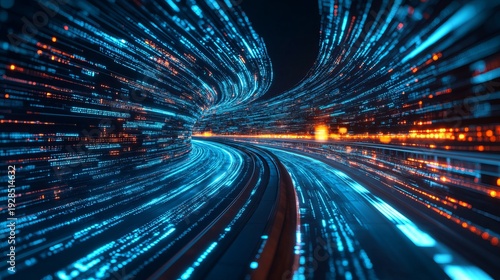 A futuristic digital tunnel with vibrant blue and orange lights speeding through a dark background