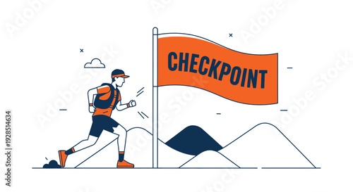 Athlete Reaching Checkpoint Flag On Trail Run, Sport And Endurance Illustration