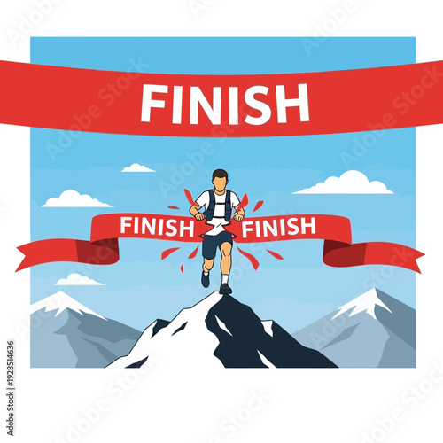 Athlete Reaching Finish Line atop Mountain: Achieving Goals and Overcoming Obstacles Triumphantly