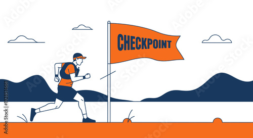 Athlete Running Towards Checkpoint On A Trail, Achieving An Exercise Goal, Success Concept