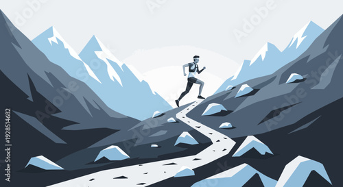 Athlete Scaling Mountain Trail: A Monochromatic Depiction Of Athletic Perseverance