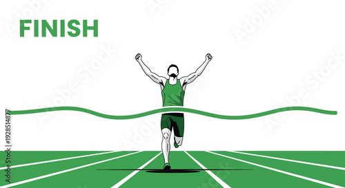 Athlete Wins Race Crossing Finish Line With Arms Raised In Triumph On Track Field