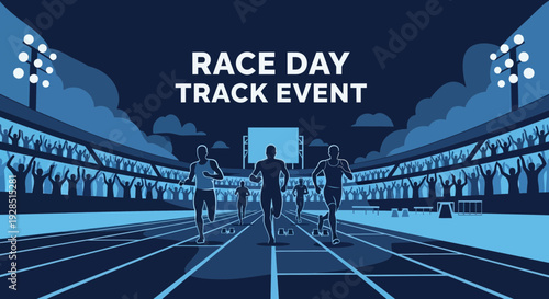 Athletic Competition Depiction in a Modern Stadium Featuring Sprinters and Spectators