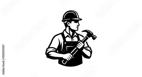 Construction worker holding a hammer in a black and white illustration