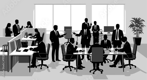 A black silhouette illustration depicts a busy modern office environment with people