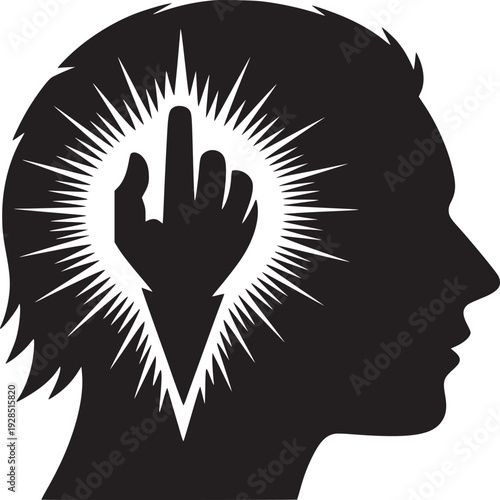 Bold expression of emotion in a striking silhouette head profile with defiant hand gesture