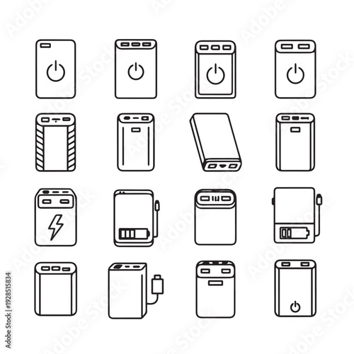 Portable Power Bank Icons Set Various Designs White Background Line Art Style
