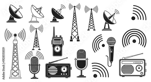 Collection of communication and broadcasting technology icons in black and white