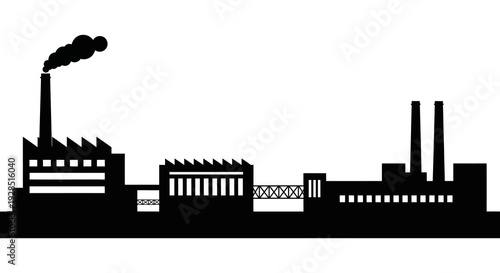 Black silhouette of an industrial factory complex with smoke stacks rising