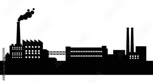 Silhouetted industrial complex with smokestacks against a stark white background