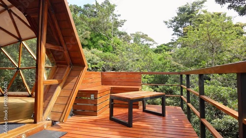 Geodesic dome glamping cabin deck in nature
