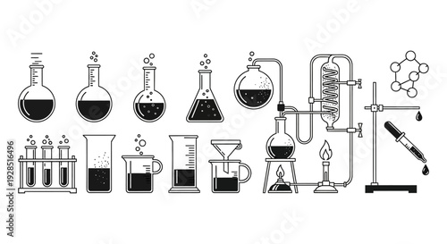 Linear illustration of various laboratory glassware and chemical apparatus high quality
