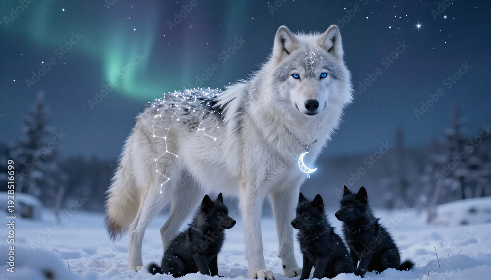 Fototapeta premium A large, majestic white she-wolf with bright blue eyes. A shimmering constellation pattern appears on her back. A crescent-shaped pendant hangs around her neck.