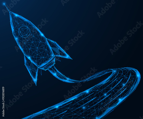 The trajectory of the rocket. The concept of growth, acceleration, technological progress and the successful path of a startup. Low-poly design of interconnected lines and dots, blue background.