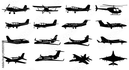 Silhouettes of various aircraft including planes helicopters and jets high quality