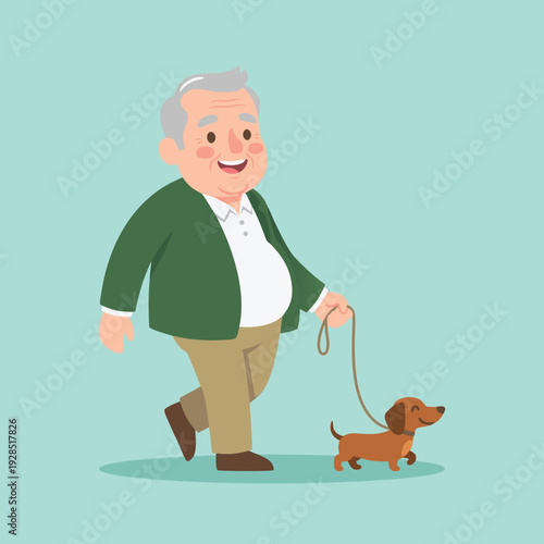 Elderly Man Walking His Dachshund Dog.
