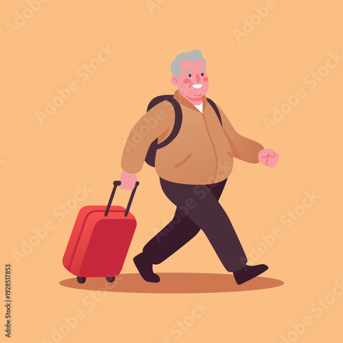 Elderly Man Traveling with Red Suitcase and Backpack.
