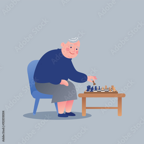 Elderly person playing chess on a table.