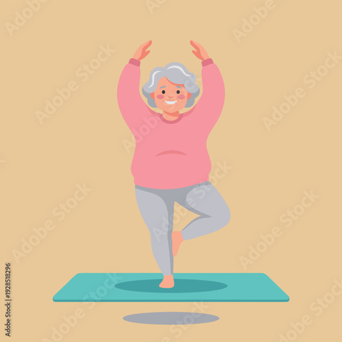 Elderly Woman Practicing Yoga Tree Pose.