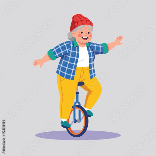 Elderly Woman Riding a Unicycle with Joy.