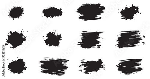 A collection of 12 black brush strokes on a white background for artistic and design purposes