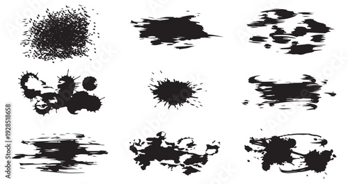 Collection of nine unique black ink brush strokes on a white background for artistic design
